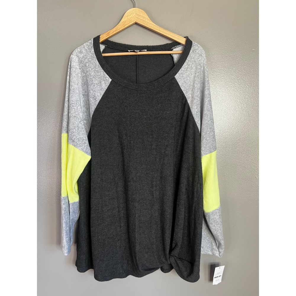 Moa Moa Women 2X Colorblock Raglan Top Neon Yellow Gray Side Knot soft cozy